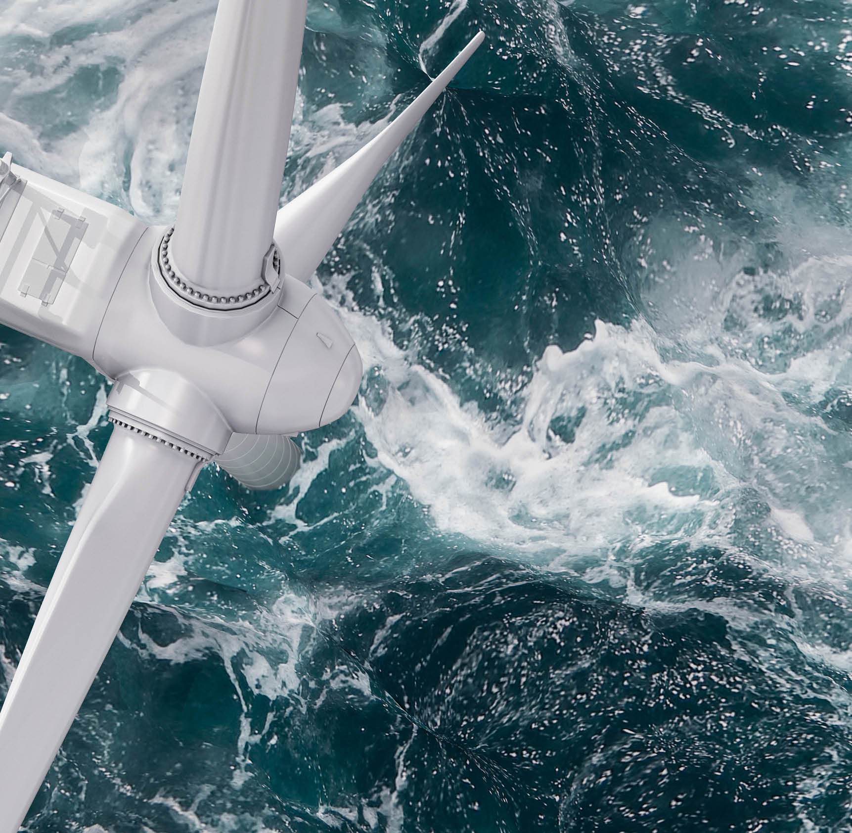 Aerial panorama of a close up wind turbine on the ocean