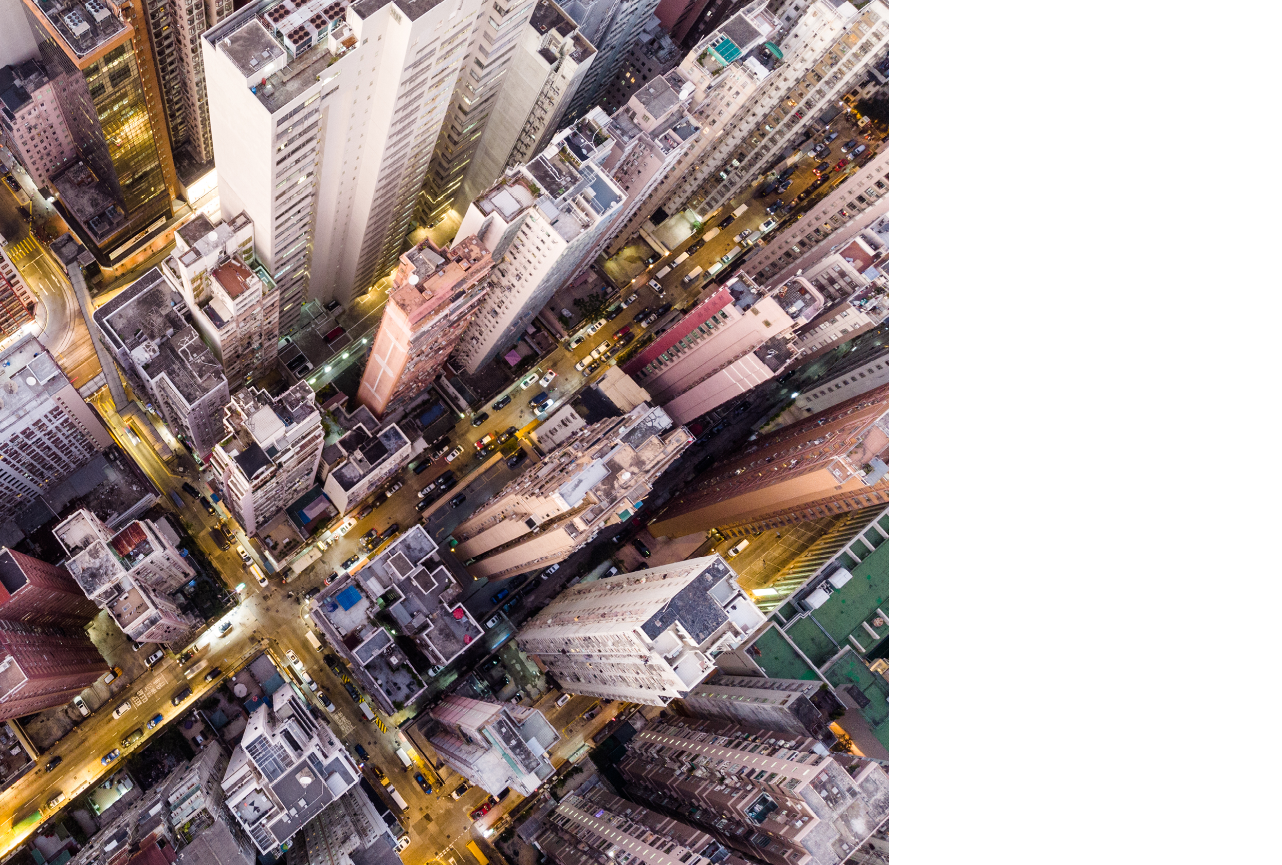 Top down view of the very densly populated North Point district in Hong Kong island with many tall apartment building and some office tower in Hong Kong SAR, China